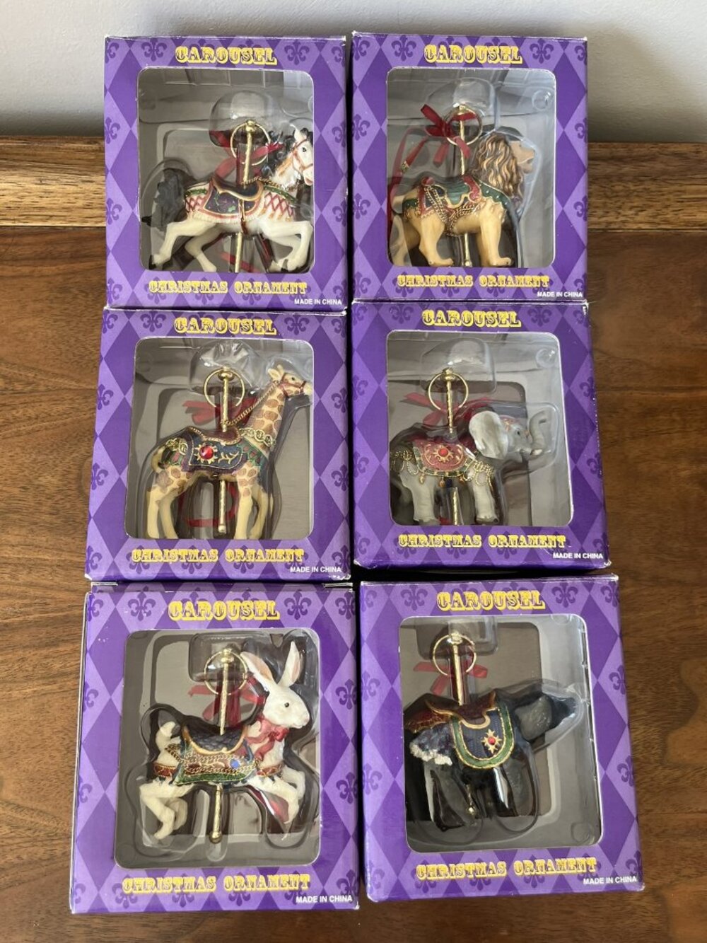 Set of 6 Vintage Costco Carousel Animal Christmas Ornaments Horse Lion Bear More